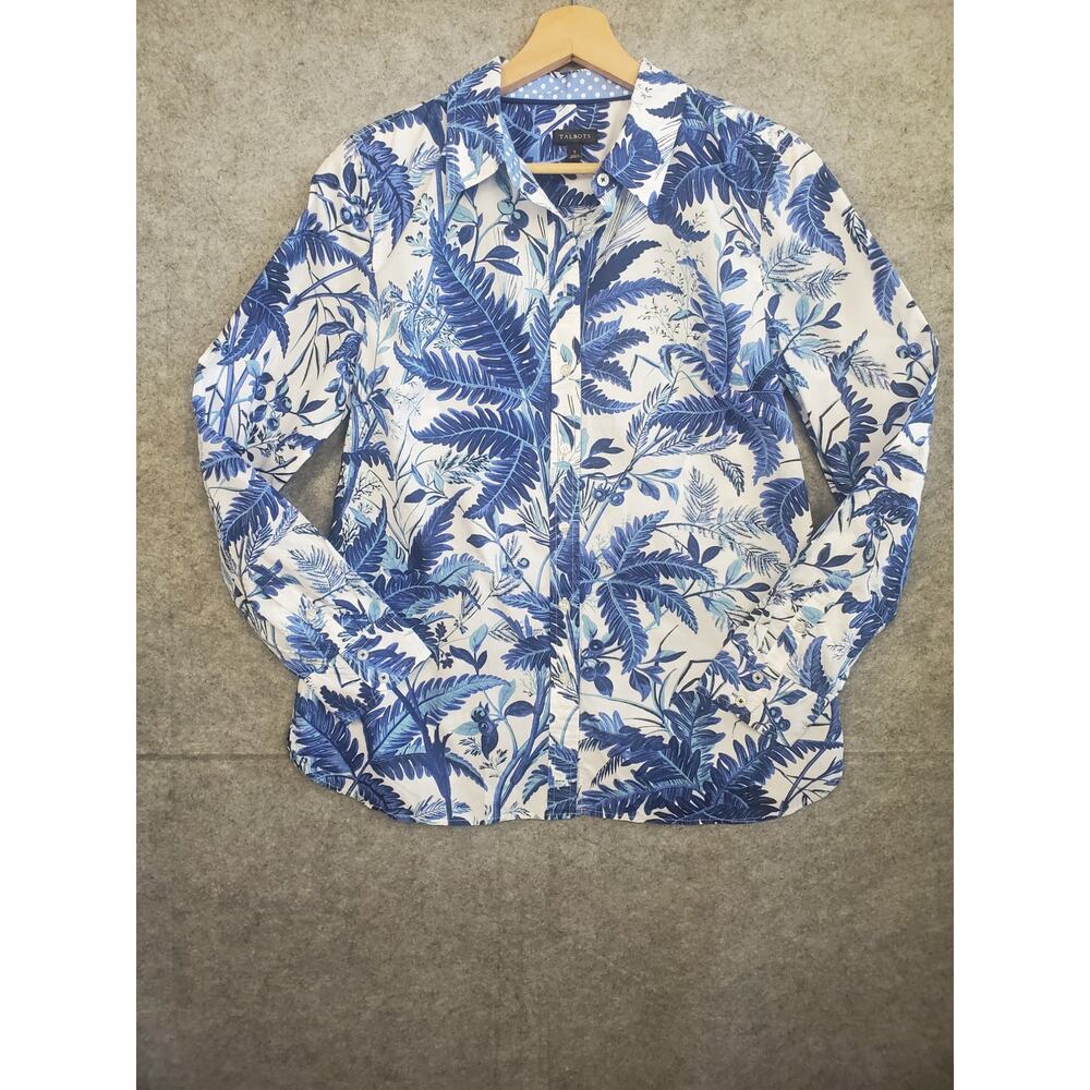 Women's Talbots Size Small Blue & White Tropical Leaf Print Button Up Blouse